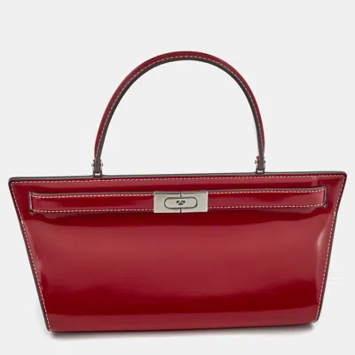 Pre-owned Tory Burch Lee Radziwill Cat Eye Red Patent Leather And Suede Top Handle Bag