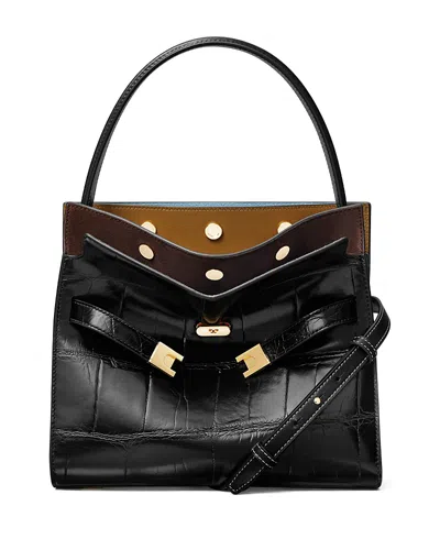 Tory Burch Lee Radziwill Small Croc-embossed Double Bag In Black