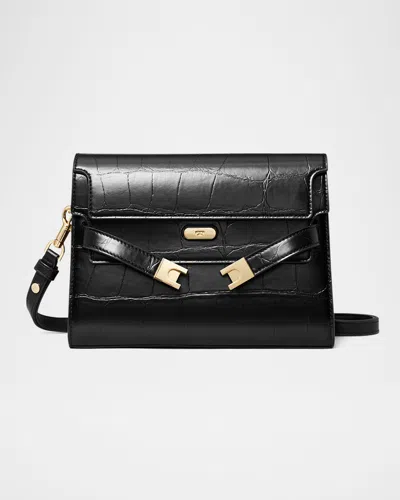 Tory Burch Lee Radziwill Croc-embossed Leather Shoulder Bag In Black