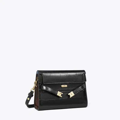 Tory Burch Lee Radziwill Croc-embossed Shoulder Bag In Black