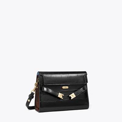 Tory Burch Lee Radziwill Croc-embossed Leather Shoulder Bag In Black