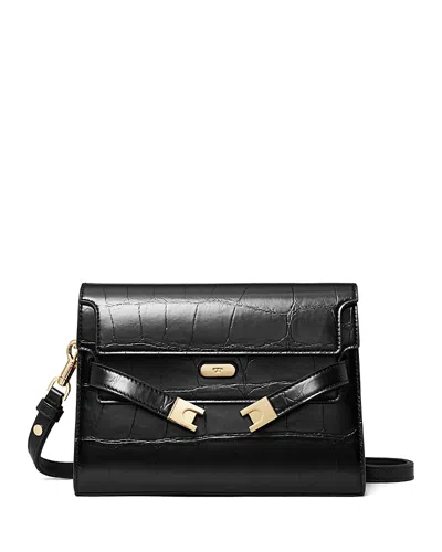 Tory Burch Lee Radziwill Croc-embossed Leather Shoulder Bag In Black