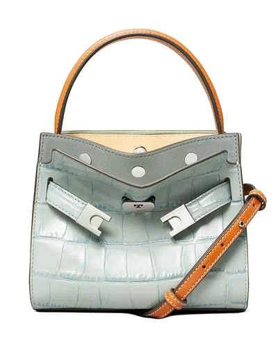 Tory Burch Lee Radziwill Croc Embossed Shoulder Bag In Blue Celadon/silver