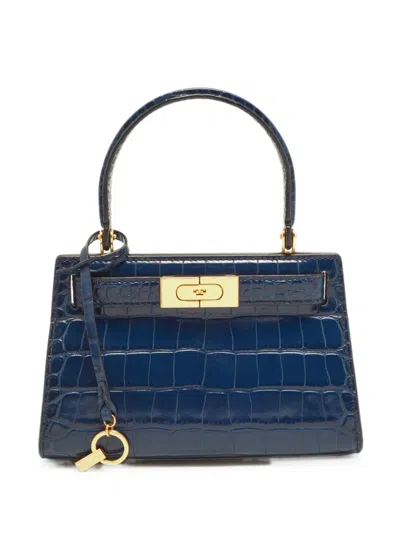 Pre-owned Tory Burch Lee Radziwill Croc-embossed Top Tote Bag In Blue