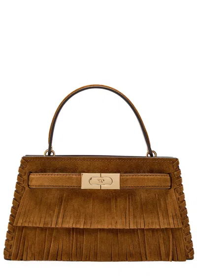 Tory Burch Lee Radziwill Mini Fringed Suede Top Handle Bag In Brown