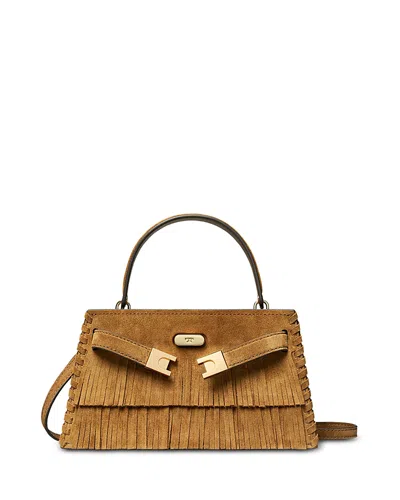 Tory Burch Lee Radziwill Petite Fringed Suede Top Handle Bag In Brown
