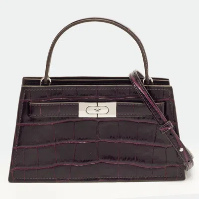Pre-owned Tory Burch Lee Radziwill Purple Croc Embossed Leather Top Handle Bag