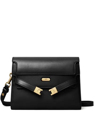 Tory Burch Lee Radziwill Croc-embossed Leather Shoulder Bag In Black