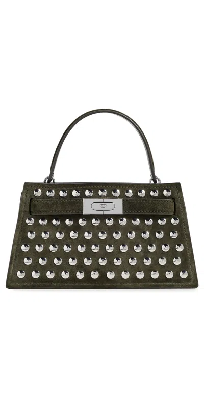 Tory Burch Lee Radziwill Studded Suede Mini Top Handle Bag Dark Leccio In Black