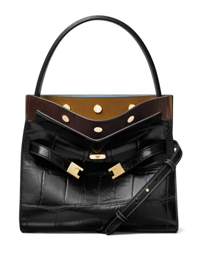 Tory Burch Lee Radziwill Small Croc-embossed Double Bag In Black