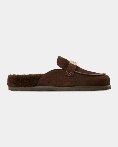 Tory Burch Leelee Shearling-lined Suede Mules In Burgundy