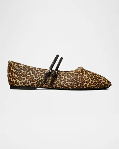 Tory Burch Leopard Calf Hair Mary Jane Two-band Ballet Flats In Brown