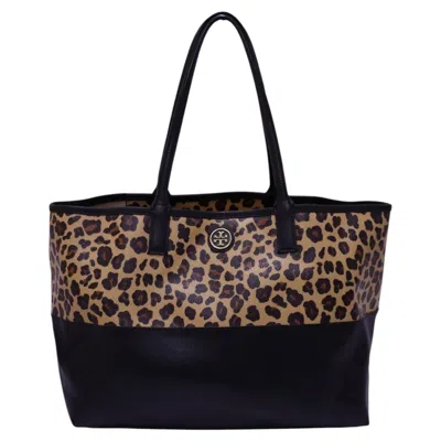 Pre-owned Tory Burch Leopard Print Canvas & Black Leather Tote Bag