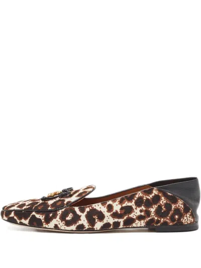 Pre-owned Tory Burch Leopard-print Leather Loafers In Brown