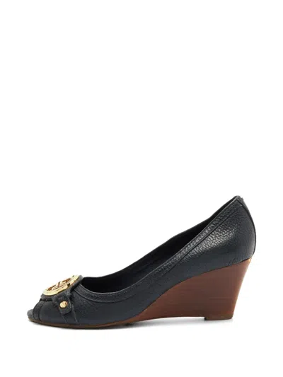 Pre-owned Tory Burch Leticia Peep-toe Wedge Sandals In Blue