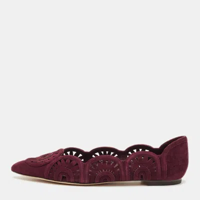 Pre-owned Tory Burch Leyla Size 35 Burgundy Laser Cut Suede Ballet Flats
