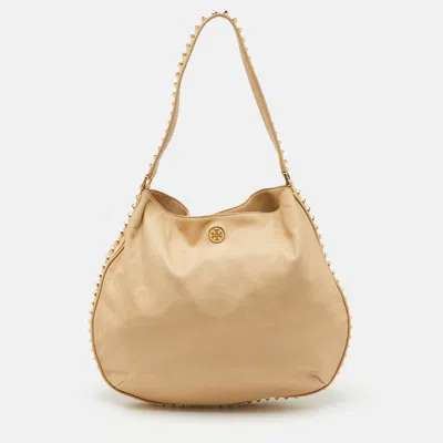 Pre-owned Tory Burch Light Beige Leather Pyramid Studs Hobo In Sand