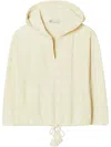 Tory Burch Terry V-neck Hooded Sweatshirt In Beige