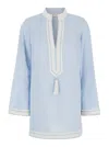 Tory Burch Light Blue Kaftan With V-neck And Pendant On The Front In Silk And Viscose Blend Woman In Blue
