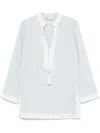 Tory Burch Light Blue Kaftan With V-neck And Pendant On The Front In Silk And Viscose Blend Woman In Blue