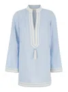 Tory Burch Light Blue Kaftan With V-neck And Pendant On The Front In Silk And Viscose Blend Woman In Blue