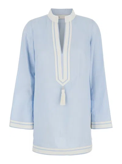 TORY BURCH LIGHT BLUE KAFTAN WITH V-NECK AND PENDANT ON THE FRONT