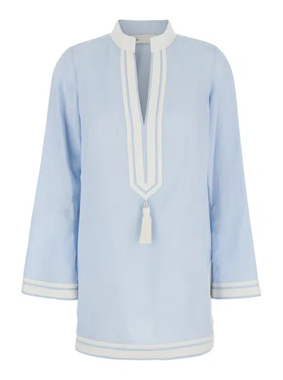 Tory Burch Light Blue Kaftan With V-neck And Pendant On The Front In Silk And Viscose Blend Woman