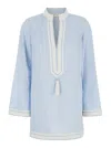 Tory Burch Light Blue Kaftan With V-neck And Pendant On The Front In Silk And Viscose Blend Woman In Blue