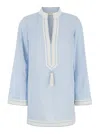Tory Burch Light Blue Kaftan With V-neck And Pendant On The Front In Silk And Viscose Blend Woman In Blu