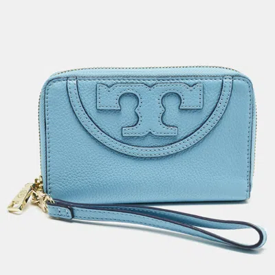 Pre-owned Tory Burch Light Blue Leather Zip Around Wristlet Wallet