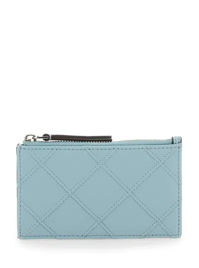 Tory Burch Light Blue Quilted Card Holder With Logo Detail On The Rear