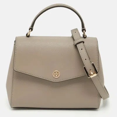 Pre-owned Tory Burch Light Grey Saffiano Leather Small Robinson Top Handle Bag In Gray