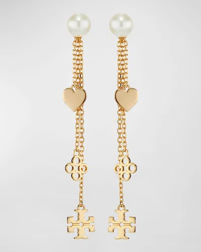 Tory Burch Kira Imitation Pearl Linear Drop Earrings In Tory Gold / Cream