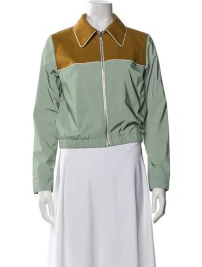 Pre-owned Tory Burch Linen Colorblock Pattern Biker Jacket In Green