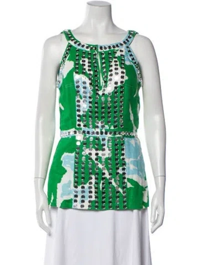 Pre-owned Tory Burch Linen Floral Print Top In Green
