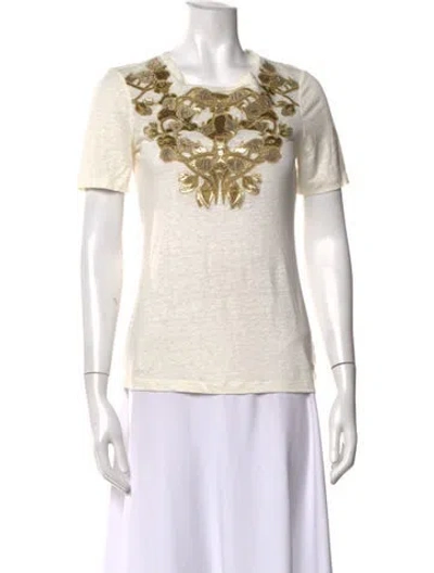 Pre-owned Tory Burch Linen Floral Print T-shirt In Metallic/neutrals