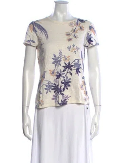 Pre-owned Tory Burch Linen Floral Print T-shirt In Neutrals
