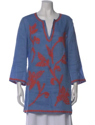 Pre-owned Tory Burch Linen Floral Print Tunic In Blue