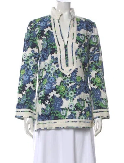 Pre-owned Tory Burch Linen Floral Print Tunic In Blue
