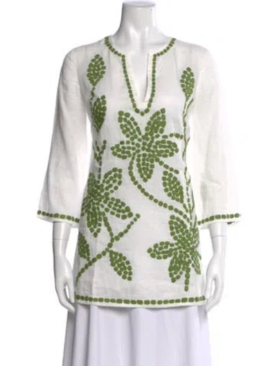 Pre-owned Tory Burch Linen Floral Print Tunic In White