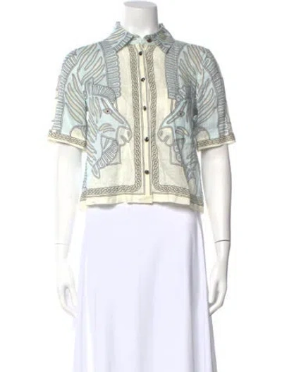 Pre-owned Tory Burch Linen Graphic Print Button-up Top In Multi