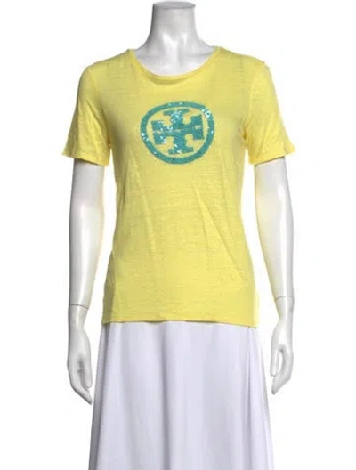 Pre-owned Tory Burch Linen Graphic Print T-shirt In Yellow