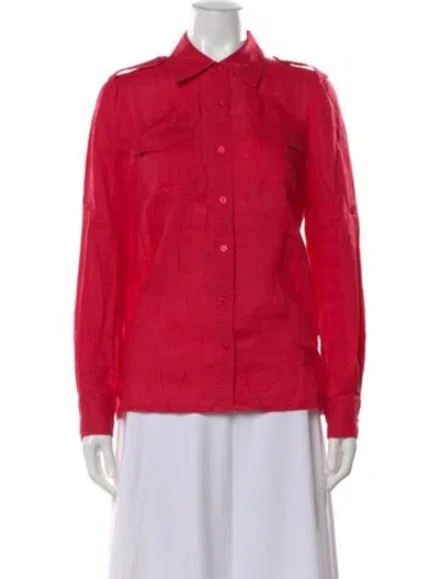 Pre-owned Tory Burch Linen Long Sleeve Button-up Top In Red
