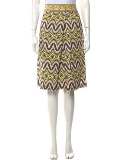 Pre-owned Tory Burch Linen Midi Length Skirt In Brown/yellow