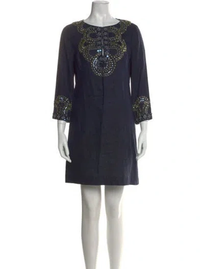 Pre-owned Tory Burch Linen Mini Dress In Blue