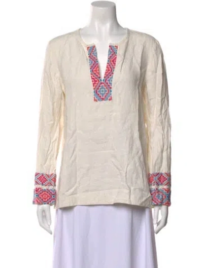 Pre-owned Tory Burch Linen Patterned Blouse In Neutral