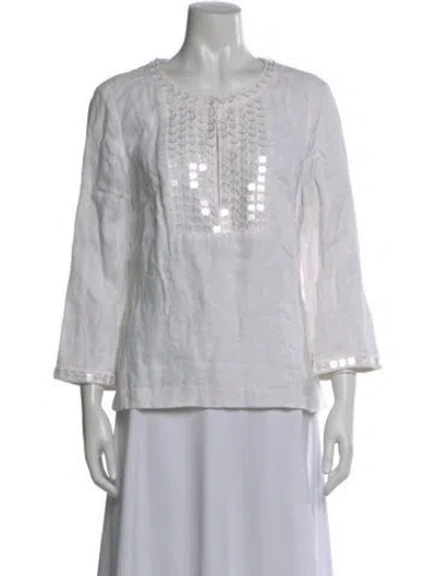 Pre-owned Tory Burch Linen Patterned Blouse In White