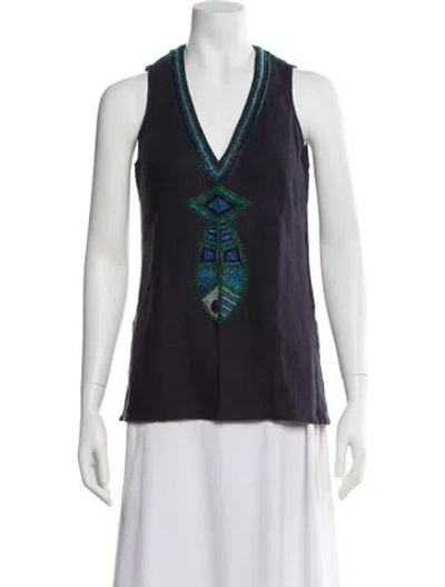 Pre-owned Tory Burch Linen Patterned Top In Blue