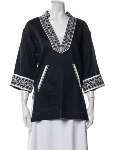 Pre-owned Tory Burch Linen Patterned Top In Blue