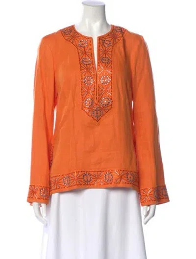 Pre-owned Tory Burch Linen Patterned Tunic In Orange